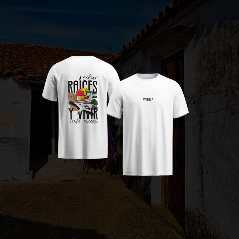 Camiseta niño «echar Raíces y vivir donde uno nace» color blanco versión Miajadas