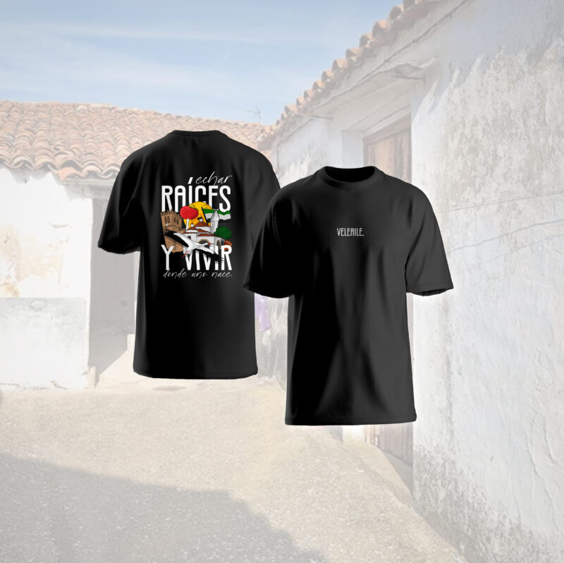 Camiseta oversize "echar Raíces y vivir donde uno nace" color negro versión Miajadas