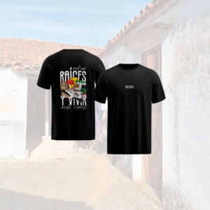 Camiseta niño «echar Raíces y vivir donde uno nace» color negro versión Miajadas